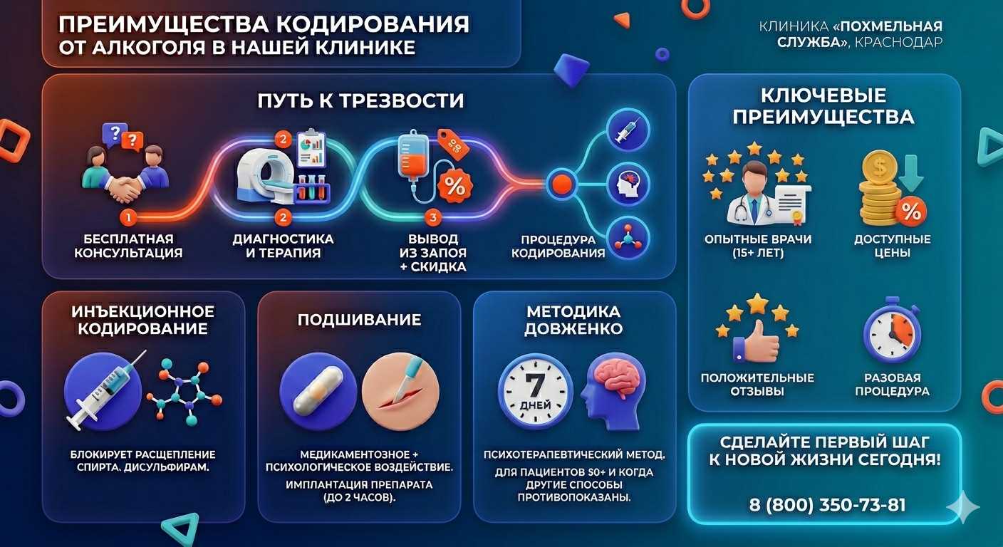 Инфографика о методах кодирования от алкоголя в Коноше: инъекции, подшивание, метод Довженко. Преимущества клиники и этапы лечения.