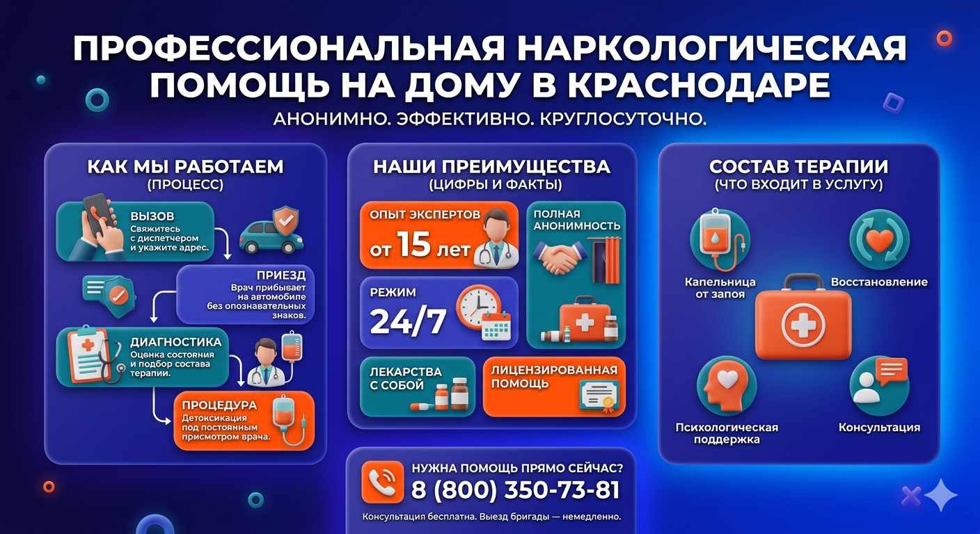 Инфографика о принципах лечения алкоголизма на дому в Коноше: этапы вызова нарколога, преимущества анонимной детоксикации и состав медицинской помощи.